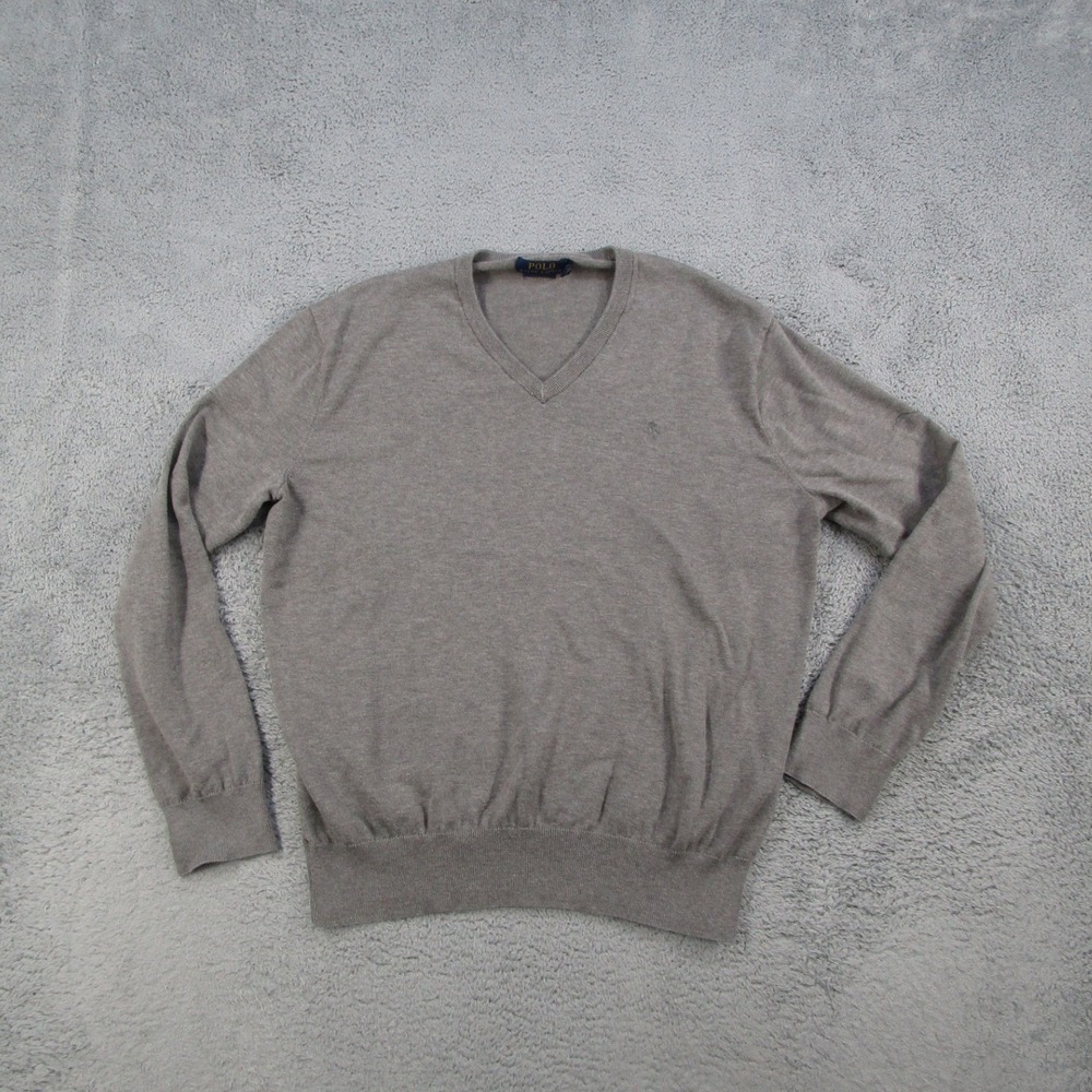 Polo Ralph Lauren Mens V-Neck Sweater Medium Grey Pima Cotton Pony Logo Pullover